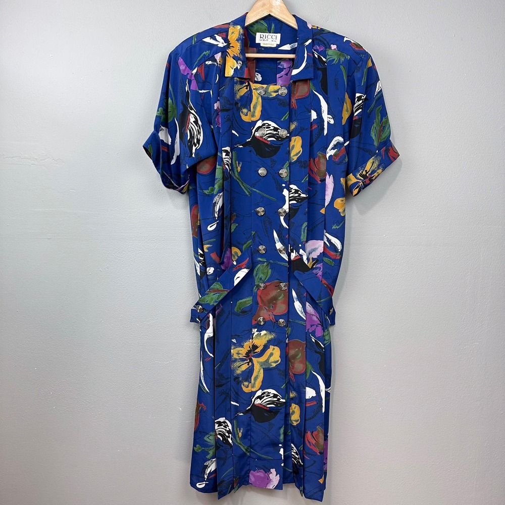 Vintage Midi Dress Women Size M Blue Floral 80s Drop Waist Retro Shoulder Pads - Picture 8 of 11